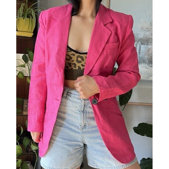 ANN TAYLOR Vintage Hot Pink Linen one button Blazer Long Line Size 4 Retro chic - Picture 12 of 12